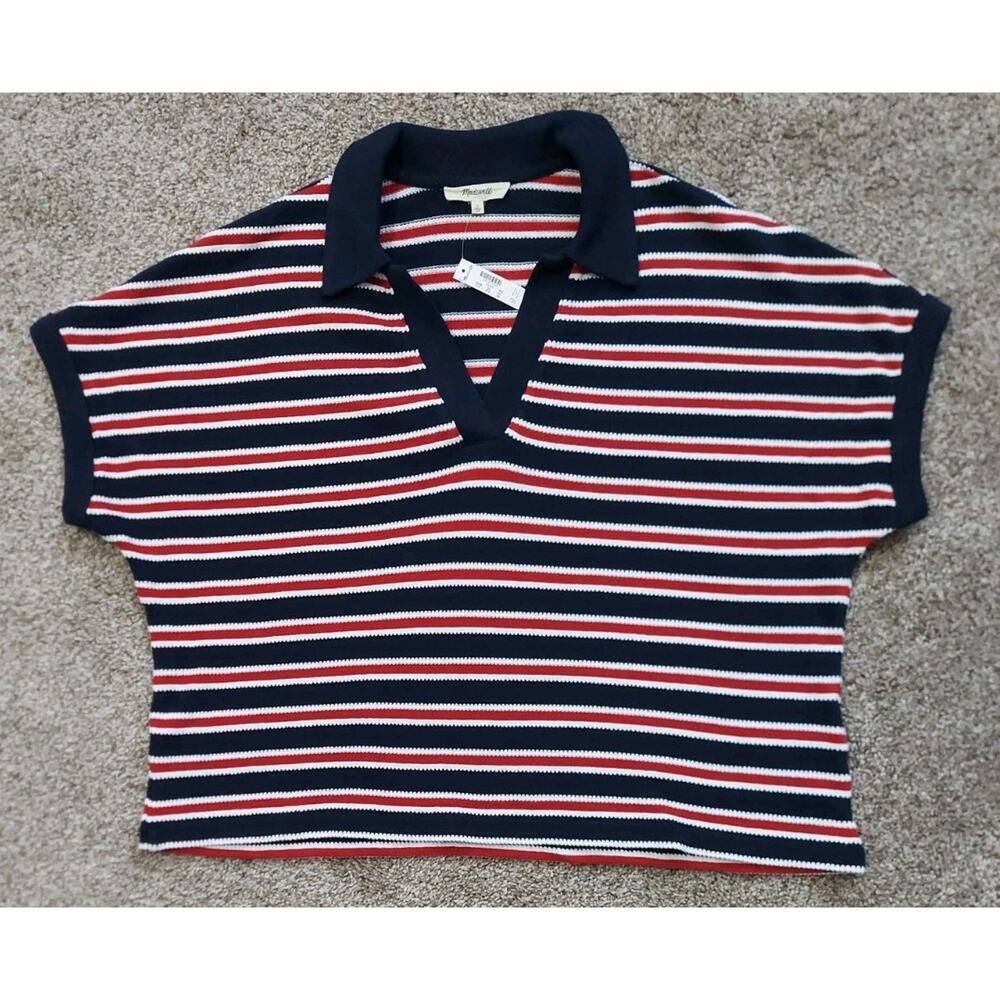 Madewell Women's V-Neck Polo Shirt in Stripe Cotton Blue/Navy SZ L - Picture 6 of 12